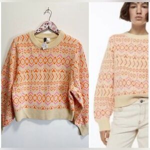 H&M Divided Pink Orange Jacquard Knit Sweater Womens Crew Neck Size M NWOT